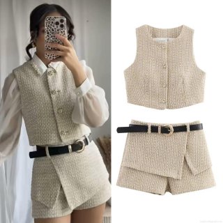 Women's Elegant Tweed 2-Piece Vest and Skort Set With Belt Sleeveless Round Neck Woven Button Down Top And Skirt Shorts Outfit