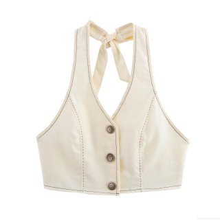 Women's Summer Cotton Linen Blend Contrast Stitching Shorts Set Retro Halter Neck Sleeveless Top And High Waisted Shorts Two Piece Outfits For Vacation Beach Streetwear