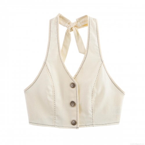 Women's Summer Cotton Linen Blend Contrast Stitching Shorts Set Retro Halter Neck Sleeveless Top And High Waisted Shorts Two Piece Outfits For Vacation Beach Streetwear