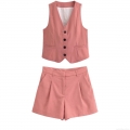 Summer Women's 2 Piece Suit Set Dusty Pink V-Neck Single Breasted Vest Waistcoat And High Waist Shorts Elegant Casual Office Matching Outfits