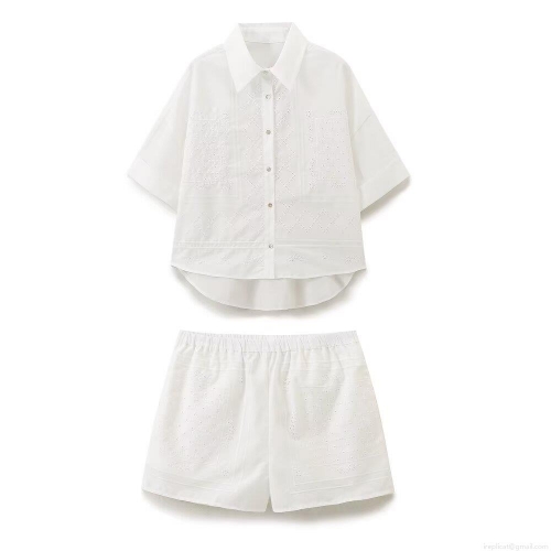 Women's 2 Piece Shorts Set Eyelet Embroidery Short Sleeve Button Down Shirt And Elastic Waist Shorts Set Cotton Blend Summer Casual Outfits