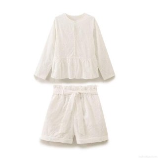 Women's Two Piece Set Cotton Eyelet Embroidery Hollow Out Long Sleeve Shirt and High Waist Shorts with Belt Floral Embroidery Casual Summer Streetwear Outfit