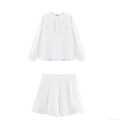Women's White Lace Embroidery Long Sleeve Shirt And High Waist Shorts Set 2 Piece Hollow Out Floral Summer Casual Vacation Cotton Blend Outfit