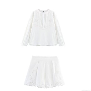 Women's White Lace Embroidery Long Sleeve Shirt And High Waist Shorts Set 2 Piece Hollow Out Floral Summer Casual Vacation Cotton Blend Outfit