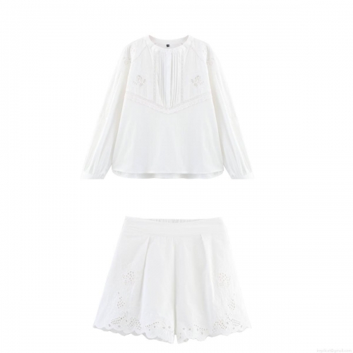 Women's White Lace Embroidery Long Sleeve Shirt And High Waist Shorts Set 2 Piece Hollow Out Floral Summer Casual Vacation Cotton Blend Outfit