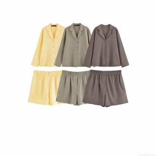 Women's Casual Linen Blend 2 Piece Outfits V Neck Long Sleeve Shirt And Elastic Waist Shorts Set Summer Solid Color Loungewear Vacation Suit