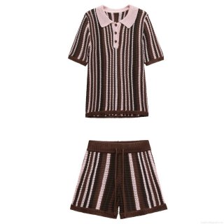 Women's Knit Stripe Two Piece Set Short Sleeve Polo Shirt and Elastic Waist Drawstring Shorts Casual Color Block Summer Streetwear Outfits for Women