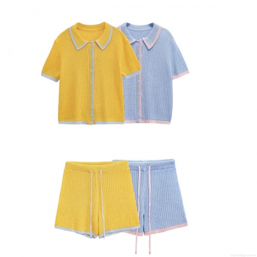 Women's Two Piece Knit Set Short Sleeve Polo Button Up Top And Drawstring Shorts Contrast Trim Hollow Breathable Summer Casual Streetwear Outfit