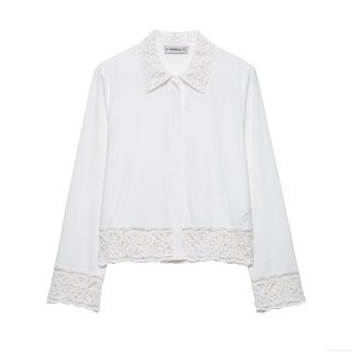 Women's Polyester Lace Two Piece Set Long Sleeve Button Down Shirt And High Waist Shorts Elegant Summer Vacation Casual Streetwear Outfit