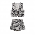 Women's 2 Piece Ethnic Print Set Sleeveless V Neck Vest With Wood Beads Lace Up And High Waist Wide Leg Shorts Black White Geometric Pattern Boho Summer Outfit