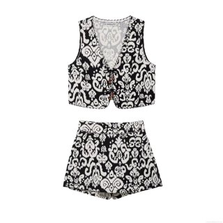 Women's 2 Piece Ethnic Print Set Sleeveless V Neck Vest With Wood Beads Lace Up And High Waist Wide Leg Shorts Black White Geometric Pattern Boho Summer Outfit