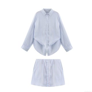 Women's Casual Vertical Stripe Two-Piece Set Loose Long Sleeve Button Down Poplin Shirt And Matching Shorts Set Summer Streetwear Outfits