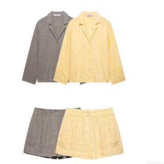 Women's 2 Piece Set Casual Polyester Linen Texture Long Sleeve Button Down Shirt And High Waist Elastic Shorts Streetwear Loungewear Outfit