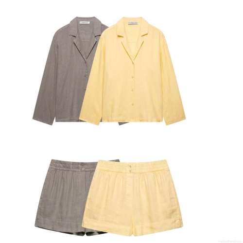 Women's 2 Piece Set Casual Polyester Linen Texture Long Sleeve Button Down Shirt And High Waist Elastic Shorts Streetwear Loungewear Outfit