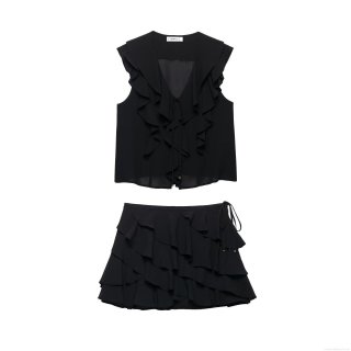 Women 2 Piece Summer Outfits Deep V Neck Ruffle Top And Tiered Ruffle Skort Set Solid Black Polyester Casual Streetwear Vacation Sets For Women