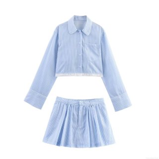 Women's Striped Long Sleeve Crop Shirt And Pleated Skort Set Western Style Lace Patchwork Button Down Blouse Mini Skirt Suit For Casual Vacation Streetwear
