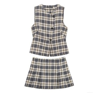 Women's Elegant Tweed Plaid 2 Piece Set V-Neck Button Down Sleeveless Vest and High Waist A-Line Skort Streetwear Outfit