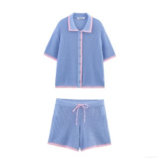 Women's Summer 2-Piece Knit Set Color Block Short Sleeve Polo Shirt And Drawstring Shorts Hollow Out Streetwear Outfit Light Blue Pink Polyester
