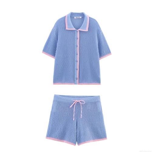 Women's Summer 2-Piece Knit Set Color Block Short Sleeve Polo Shirt And Drawstring Shorts Hollow Out Streetwear Outfit Light Blue Pink Polyester