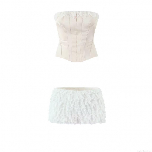 Women's Sexy Lace Two Piece Set Strapless Corset Tube Top And Ruffle Layered Shorts French Vintage Satin Aesthetic Summer Outfit For Women