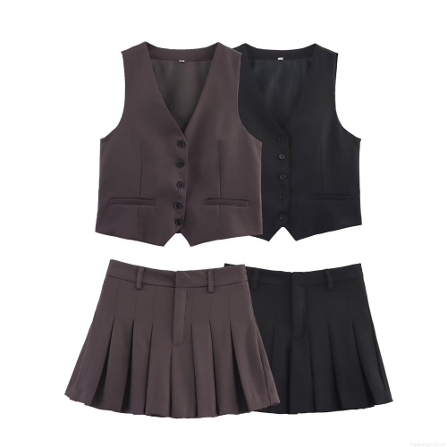 Women's 2 Piece Summer Set Sleeveless V Neck Single Breasted Button Vest Waistcoat And High Waist Wide Pleated Skirt Pants Skort Trendy Streetwear Solid Color Polyester Outfit For Ladies