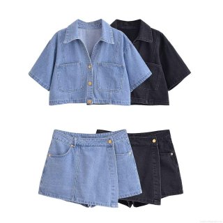 Women's Two Piece Denim Set Short Sleeve Cropped Button Up Jacket and Asymmetric Wrap Around Skort Streetwear Summer Casual Denim Outfit for Women