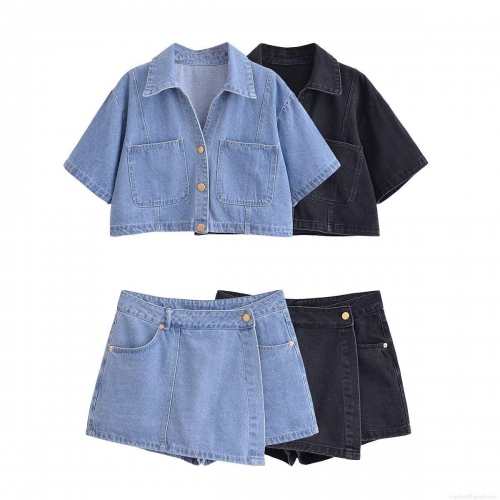 Women's Two Piece Denim Set Short Sleeve Cropped Button Up Jacket and Asymmetric Wrap Around Skort Streetwear Summer Casual Denim Outfit for Women