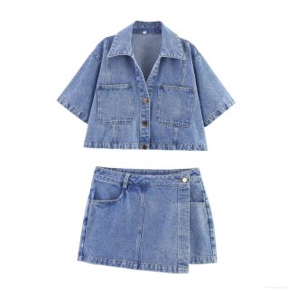 Women's Casual Denim Look Short Sleeve Shirt And Asymmetric Skort Two Piece Set Polyester Streetwear Outfit For Women Spring Summer