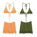 Women Bohemian Crochet Halter Top And Hollow Tassel Shorts Set With Colorful Beads For Beach Vacation Outfits