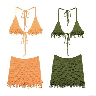 Women Bohemian Crochet Halter Top And Hollow Tassel Shorts Set With Colorful Beads For Beach Vacation Outfits