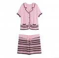 Women's Knit Two Piece Set Polyester Knit Pink Brown Contrast Stripe V-Neck Button Down Short Sleeve Top and Drawstring Shorts Casual Summer Beach Vacation Streetwear Outfit