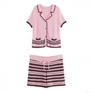 Women's Knit Two Piece Set Polyester Knit Pink Brown Contrast Stripe V-Neck Button Down Short Sleeve Top and Drawstring Shorts Casual Summer Beach Vacation Streetwear Outfit