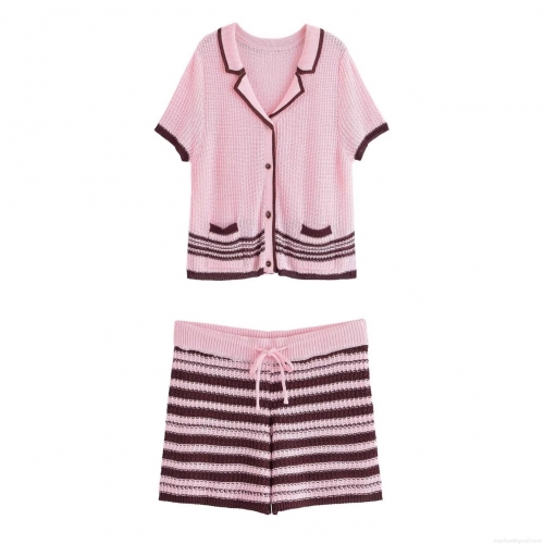Women's Knit Two Piece Set Polyester Knit Pink Brown Contrast Stripe V-Neck Button Down Short Sleeve Top and Drawstring Shorts Casual Summer Beach Vacation Streetwear Outfit