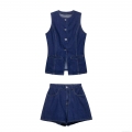 Women's 2 Piece Denim Shorts Set Summer Dark Blue Sleeveless Waistcoat Vest And Elastic Waist Shorts Streetwear Contrast Stitching Jean Outfits For Women