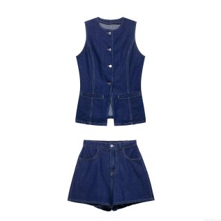 Women's 2 Piece Denim Shorts Set Summer Dark Blue Sleeveless Waistcoat Vest And Elastic Waist Shorts Streetwear Contrast Stitching Jean Outfits For Women