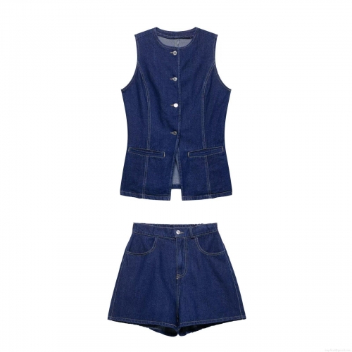 Women's 2 Piece Denim Shorts Set Summer Dark Blue Sleeveless Waistcoat Vest And Elastic Waist Shorts Streetwear Contrast Stitching Jean Outfits For Women