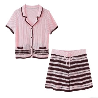 Women's 2 Piece Knit Outfits Set Colorblock Striped Short Sleeve Button Up Polo Cardigan Top And Elastic Waist Drawstring Shorts Streetwear Clothing