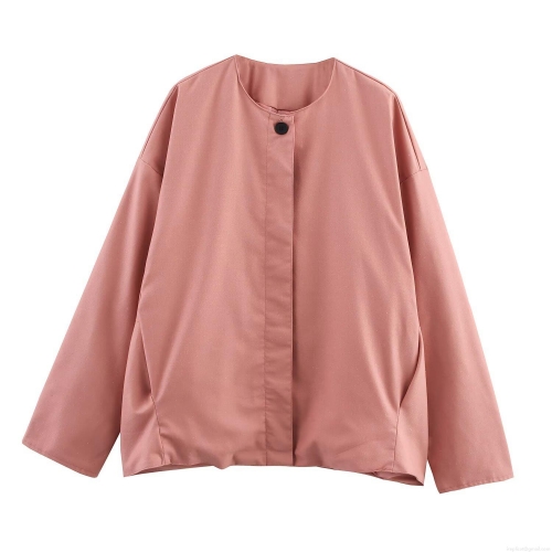 Women's Summer Casual Two-Piece Set Solid Oak Pink Round Neck Button Down Jacket And High Waist Drawstring Shorts Co-ord Outfits Streetwear