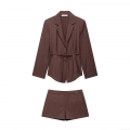 Women's Fashion Two-Piece Co-ord Set Belted Blazer Jacket And Matching Shorts Suit Elegant Solid Color Long Sleeve Office Lady Streetwear Outfit For Autumn