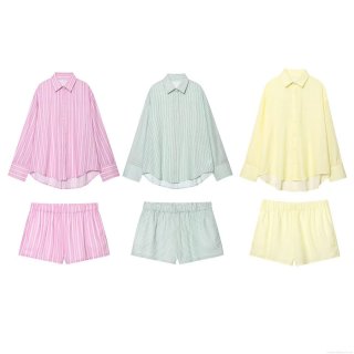 Women's 2 Piece Striped Shirt Shorts Set Slub Cotton Linen Long Sleeve Button Up Blouse Elastic Waist Casual Shorts Outfits Summer Vacation Beachwear