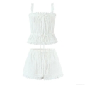Women's Summer Eyelet Embroidery Cotton 2-Piece Set European Hollow Out Ruffle Camisole Cropped Top and Drawstring Shorts Casual White Beach Outfit