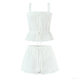 Women's Summer Eyelet Embroidery Cotton 2-Piece Set European Hollow Out Ruffle Camisole Cropped Top and Drawstring Shorts Casual White Beach Outfit