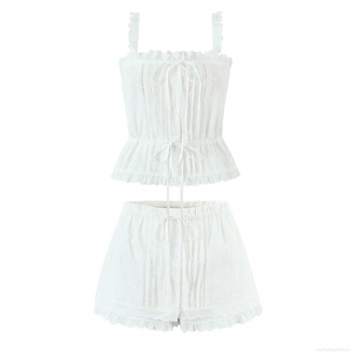 Women's Summer Eyelet Embroidery Cotton 2-Piece Set European Hollow Out Ruffle Camisole Cropped Top and Drawstring Shorts Casual White Beach Outfit
