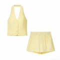 Women's Summer 2 Piece Set 100% Polyester Halter Backless Vest And High Waist Shorts Chic Streetwear Solid Pale Yellow Outfit