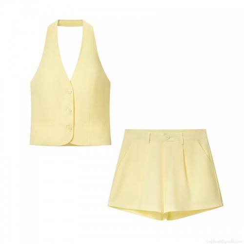 Women's Summer 2 Piece Set 100% Polyester Halter Backless Vest And High Waist Shorts Chic Streetwear Solid Pale Yellow Outfit