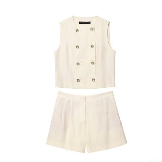 Women's Summer Casual Two Piece Outfits Sleeveless Double Breasted Vest And High Waisted Shorts Set Minimalist Cream Linen Texture Co-ords Suit For Ladies