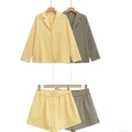 Women's Casual Two Piece Shorts Set Cotton Blend Linen Texture Long Sleeve Lapel Button Shirt And Drawstring Elastic Waist Shorts Solid Color Streetwear Vacation Outfit For Women Summer Loungewear