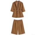 Women's Casual Polyester Blazer and Shorts Two-Piece Set Belted Notched Lapel Five-Point Sleeve Top and Wide Leg Shorts Streetwear Summer Co-ords