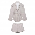Women's Pinstripe Blazer and Shorts Two Piece Set Polyester Long Sleeve Notched Lapel Jacket With Waist Belt For Office Casual Streetwear