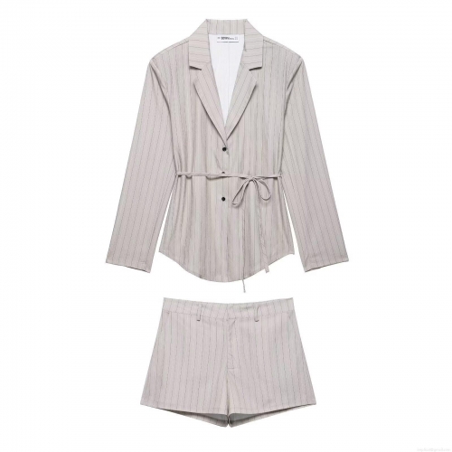 Women's Pinstripe Blazer and Shorts Two Piece Set Polyester Long Sleeve Notched Lapel Jacket With Waist Belt For Office Casual Streetwear
